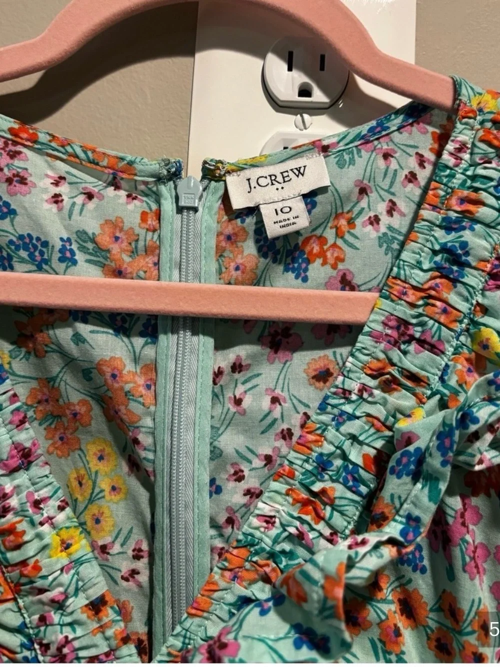JCrew floral midi dress with ruffle V-neck teal and pink Size 10
